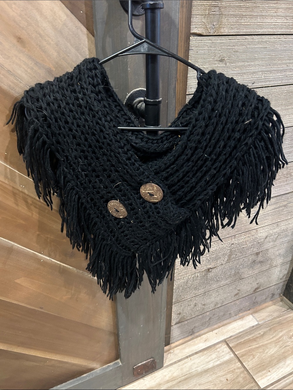 Black Fringe Knit Buttoned Shawl Collar Wrap